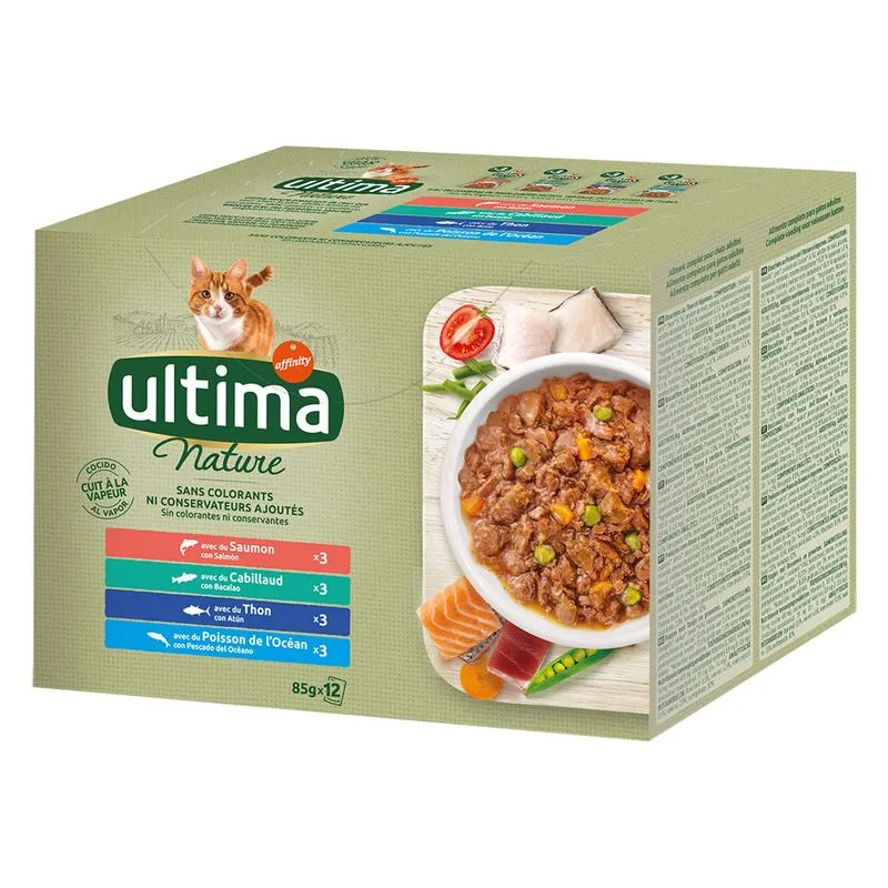 Ultima Cat Nature 48 x 85 g Pacco misto per gatto (Selezione di Pesce: Salmone, Tonno, Pesce oceanico & Merluzzo)