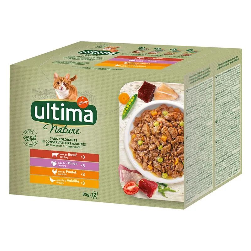 Ultima Cat Nature 48 x 85 g Pacco misto per gatto (Selezione di carne: Manzo, Tacchino, Pollo & Pollame)