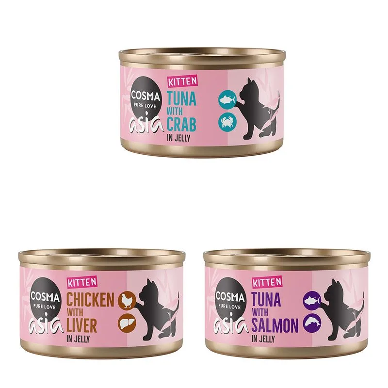 Cosma Asia Kitten in gelatina 24 x 85 g umido per gatti (Mix: 8x Tonno con Granchio, 8x Tonno con Salmone, 8x Pollo con Fegato di Pollo)