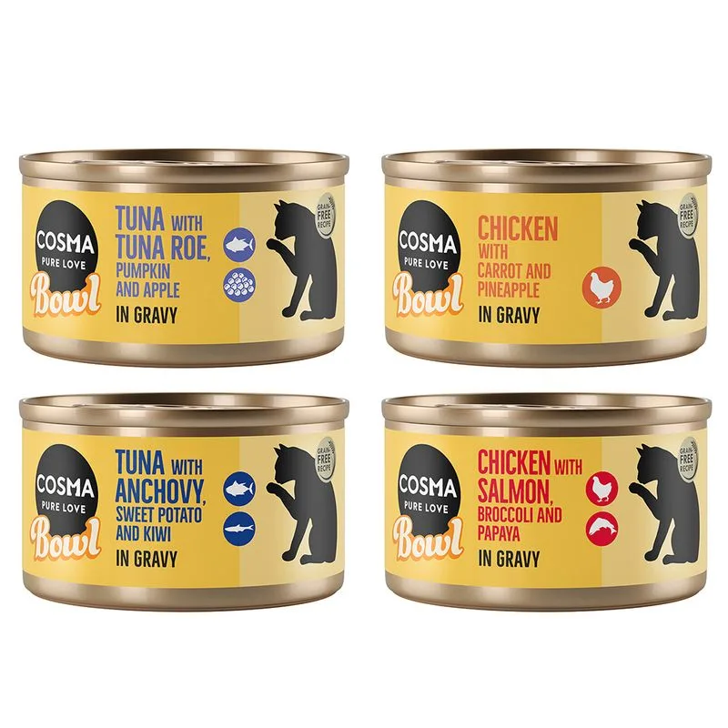 Cosma Bowl 6 x 80 g Alimento umido per gatto (Mix: 2x Petto di Pollo, 2x Tonno con Bottarga, 1x Petto di Pollo con Salmone, 1x Tonno con Acciughe)