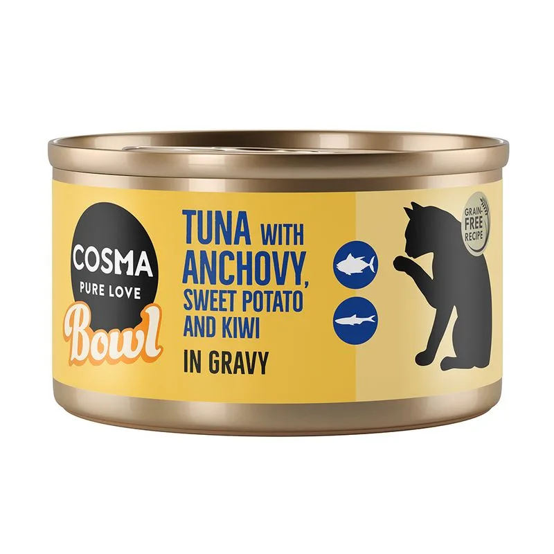 Cosma Bowl 6 x 80 g Alimento umido per gatto (Tonno con Acciughe, Patate dolci e Kiwi)