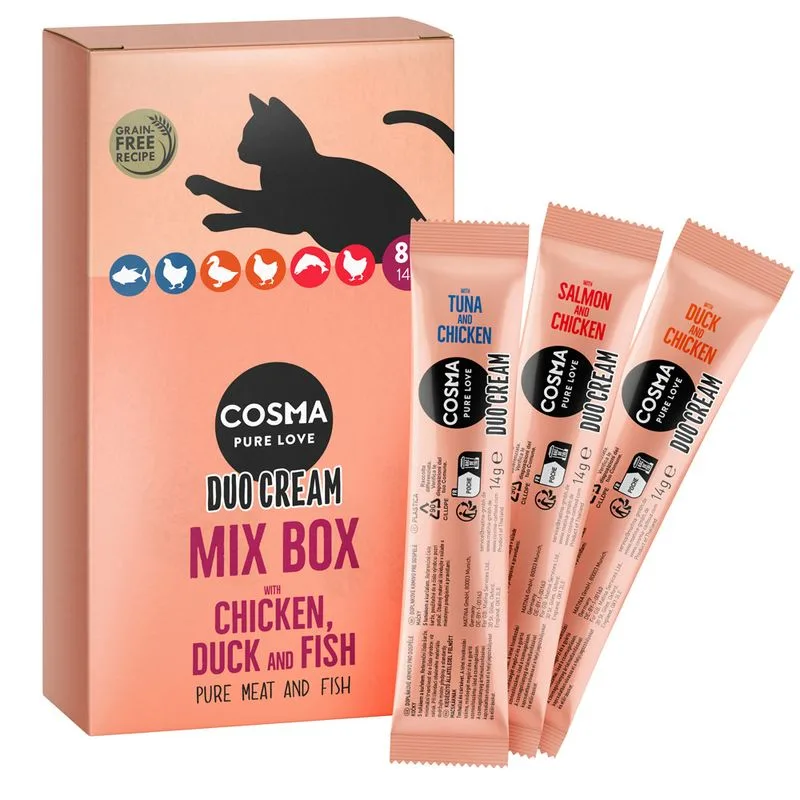 Cosma DUO Cream 8 x 14 g (Mix: 3x Tonno e Pollo, 3x Anatra e Pollo, 2x Salmone e Pollo)