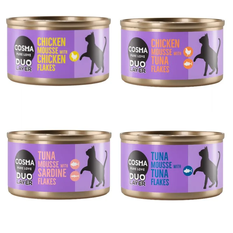 Cosma DUO Layer 24 x 70 g Umido per gatto (Mix: 4 gusti al Pollo + 2 al Tonno)