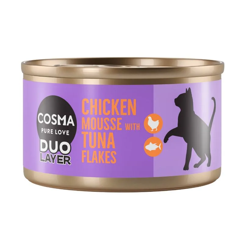 Cosma DUO Layer 24 x 70 g Umido per gatto (Mousse di Pollo con Pezzetti di Tonno)