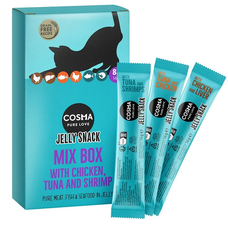 Cosma Jelly Snack 8 x 14 g (Mix 2: 3x Tonno & Gamberetti, 2x Tonno & Pollo, 3x Pollo & Fegato)