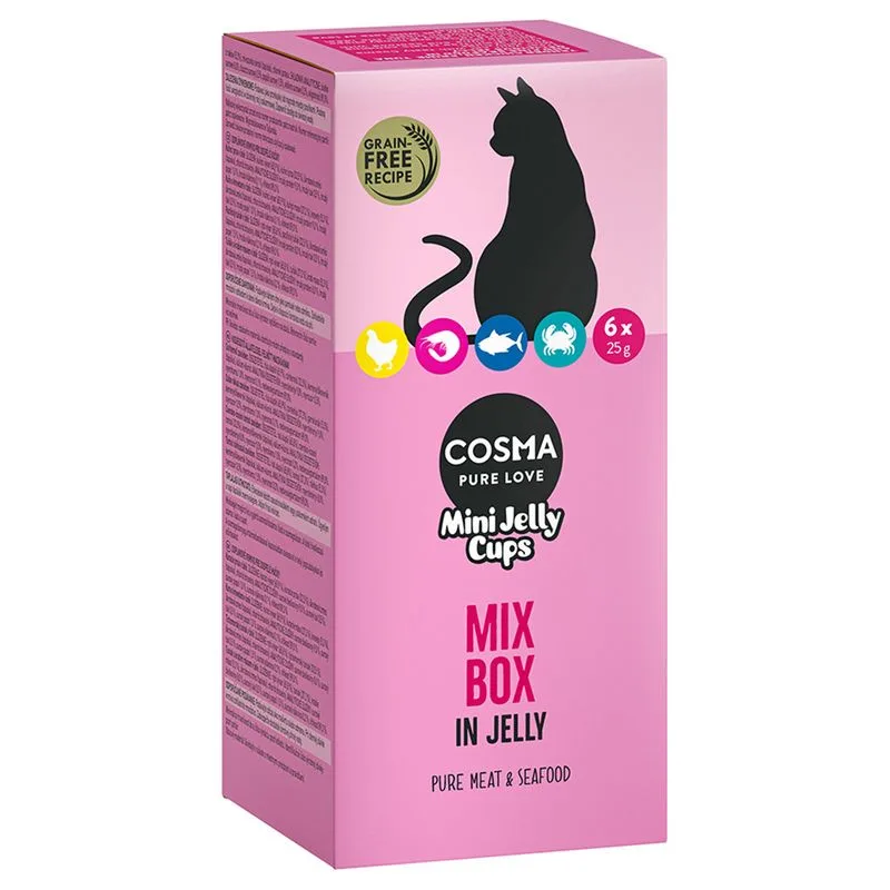 Cosma Mini Jelly Cups 24 x 25 g Snack per gatto (Mix: 8x Petto di Pollo, 8x Tonno del Pacifico, 4xTonno e Granchio, 4xPollo e Gamberetti)