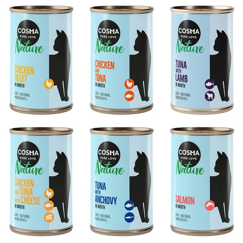 Cosma Nature 24 x 140 g Alimento umido per gatti (Mix 2 (6 varianti): 4 gusti al Tonno + 1x Filetto di Pollo + 1x Salmone)