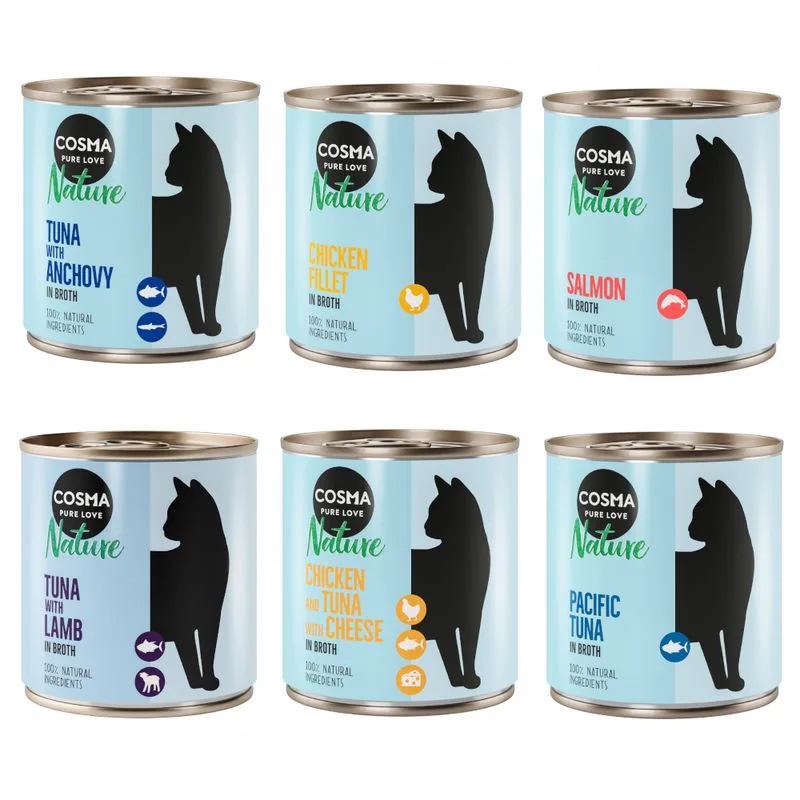 Cosma Nature 6 x 280 g Alimento umido per gatti (Mix 2 (6 varianti): 4 gusti al Tonno + 1x Filetto di Pollo + 1x Salmone)