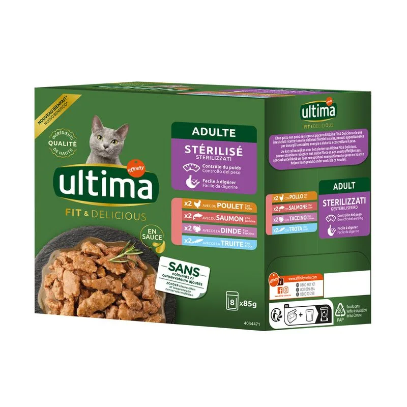 Ultima Sterilized Cat 48 x 85 g Umido per gatto (Mix I (pollo, tacchino, salmone, trota))