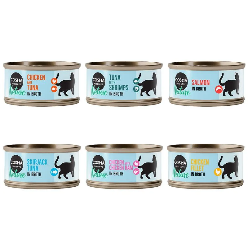 Cosma Nature Pacco misto umido per gatto (6 x 70 g Adult: 2 gusti Tonno + 3 gusti Pollo + 1 gusto Salmone)
