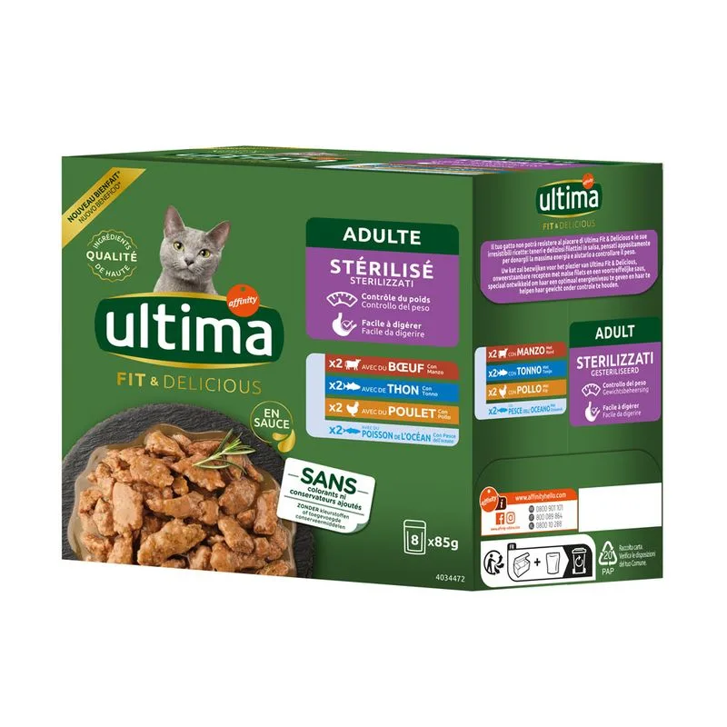 Ultima Sterilized Cat 48 x 85 g Umido per gatto (Mix II (pollo, manzo, tonno, pesce di mare))