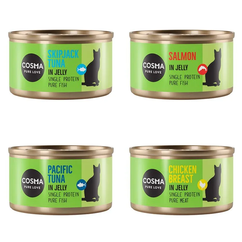 Cosma Original in gelatina 48 x 85 g Alimento umido per gatti (Mix: 8 Tonno del Pacifico + 8 Tonno Skipjack + 16 Pollo + 16  Salmone)