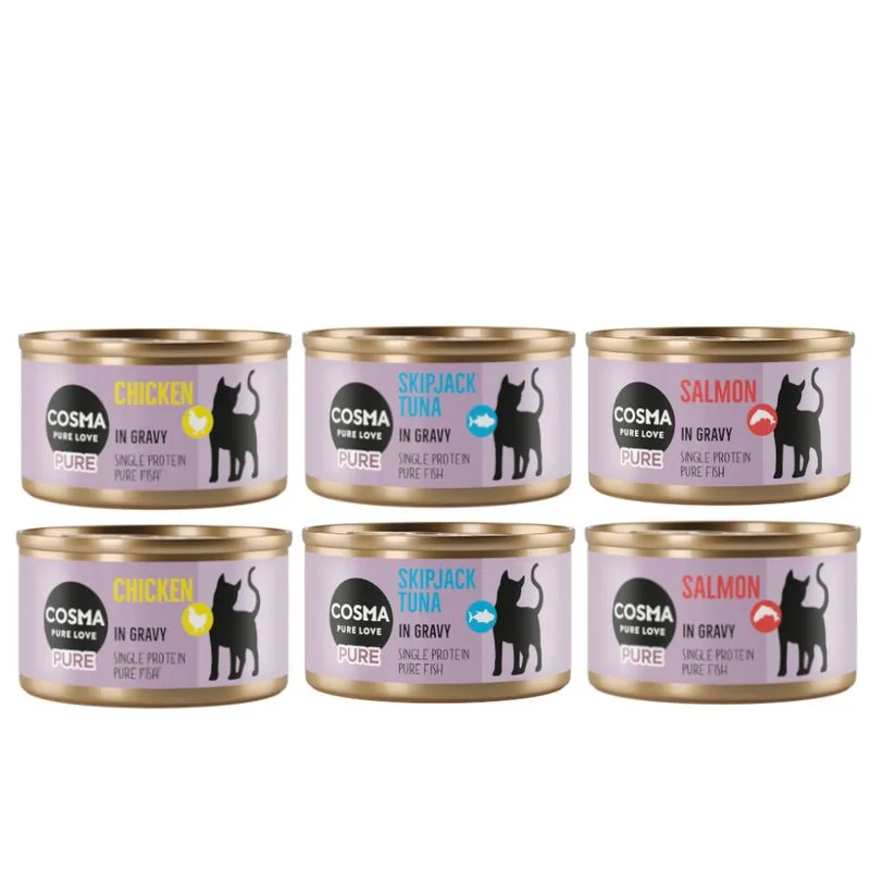 Cosma Pure 6 x 80 g umido gatto (Mix: 2x Pollo, 2x Tonno, 2x Salmone)