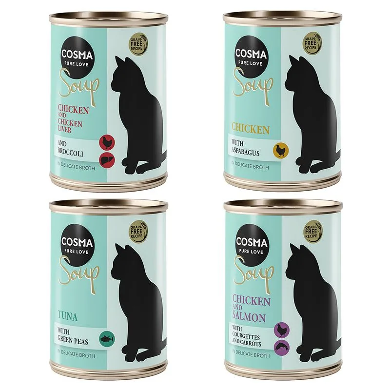 Cosma Soup 24 x 100 g umido gatto (Mix 2: Pollo con Asparagi, Pollo con Fegato e Broccoli, Pollo con Salmone, Tonno con Piselli)