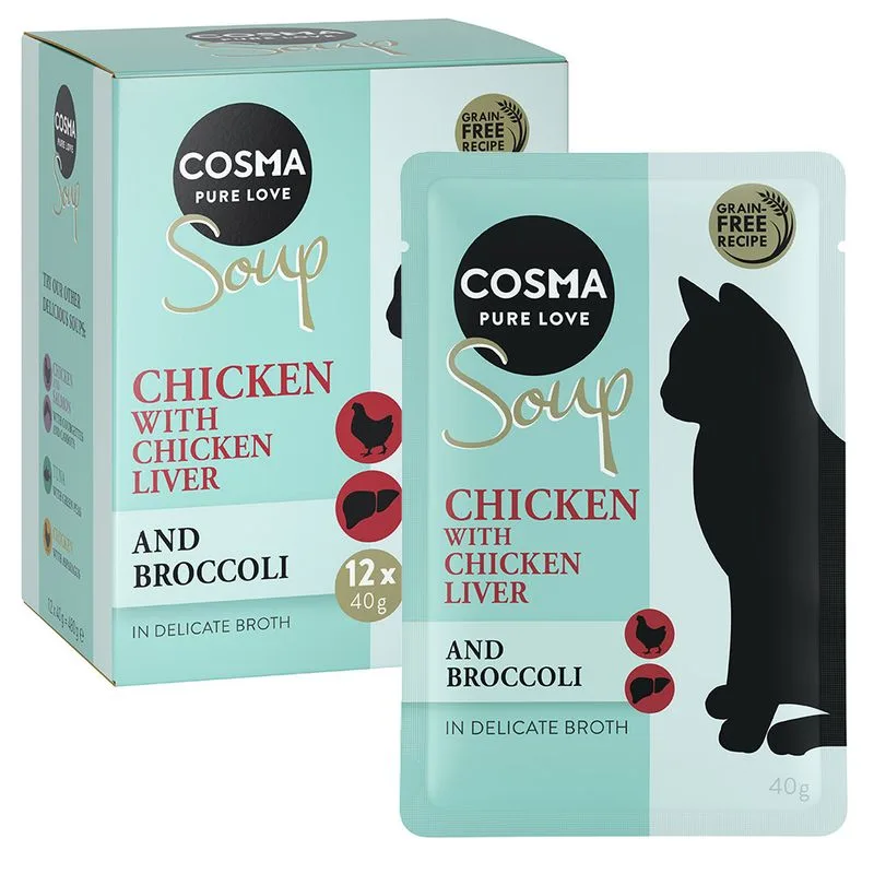 Cosma Soup 24 x 40 g Alimento umido per gatti (Filetto di Pollo con Fegato di Pollo e Broccoli)