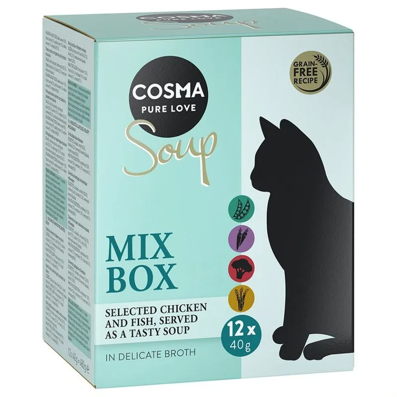 Cosma Soup 24 x 40 g Alimento umido per gatti (Mix: 6 x Pollo con Asparagi, 6 x Pollo con Fegato e Broccoli, 6 x Pollo e Salmone con Zucchine e Carote, 6 x Tonno con Piselli)