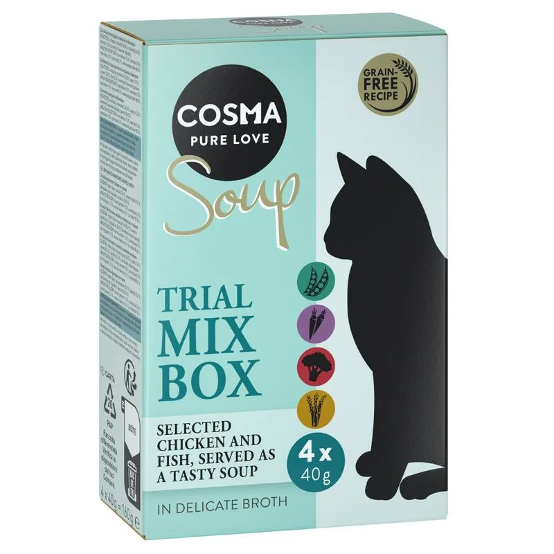 Cosma Soup pacco misto umido per gatto (Mix 2: Petto di Pollo & Salmone, Tonno con Piselli, Filetto di Pollo con Fegato di Pollo, Petto di Pollo con Asparagi)