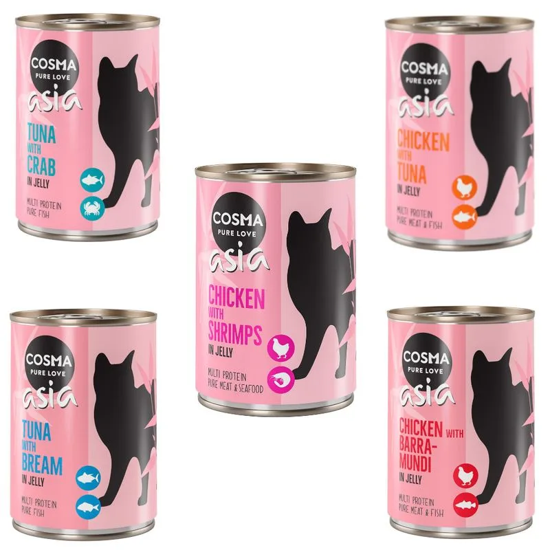 Cosma Thai / Asia in gelatina Pacco misto umido per gatto (6 x 400 g: 1 gusto al Tonno + 4 gusti al Pollo)