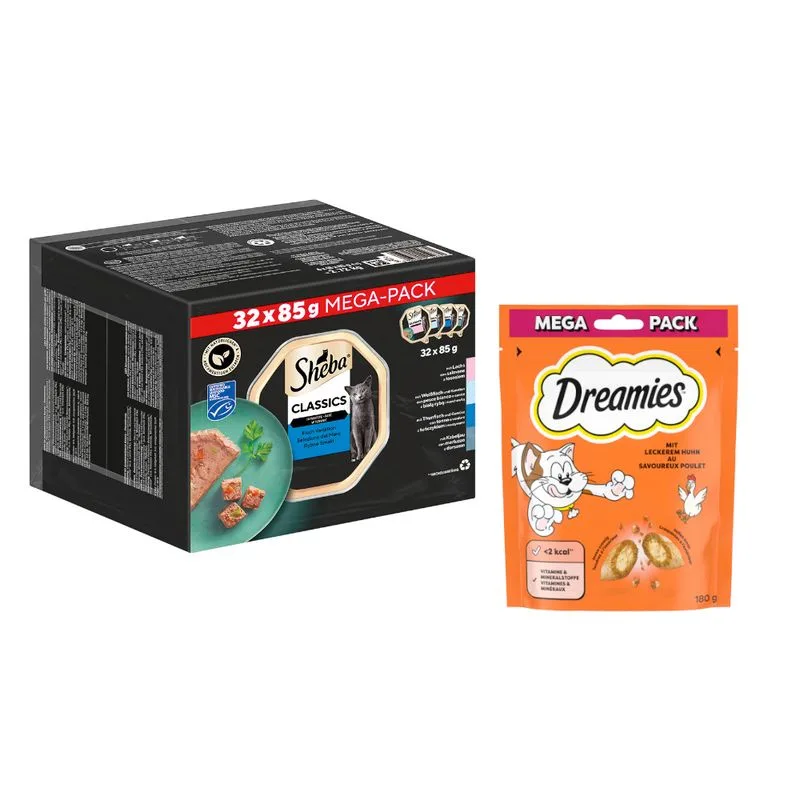32 x 85 g / 120 x 85 g Sheba Umido + 180 g Dreamies Catisfactions Snack Pollo gratis! (32 x 85 g Paté Classic)