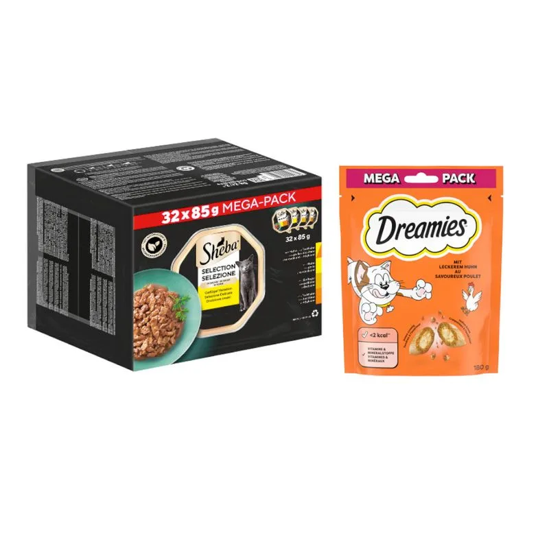 32 x 85 g / 120 x 85 g Sheba Umido + 180 g Dreamies Catisfactions Snack Pollo gratis! (32 x 85 g Selezione in Salsa)