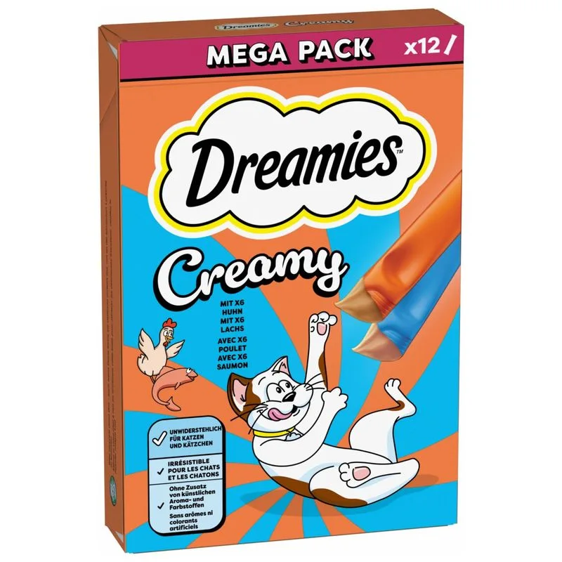 Catisfactions Dreamies Creamy con Pollo & Salmone Snack per gatto (Set %: 84 x 10 g)
