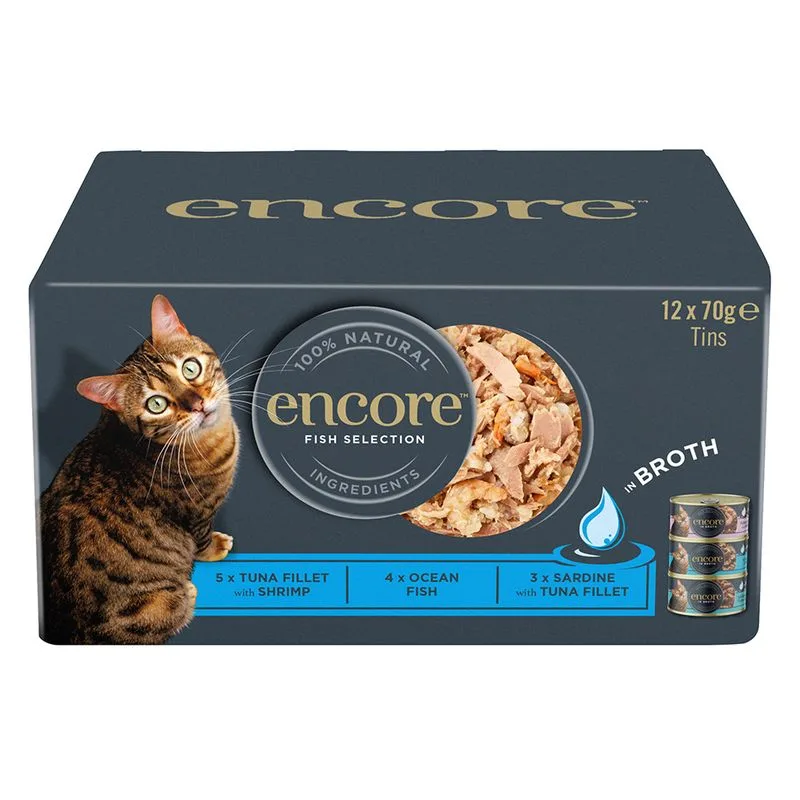 Encore Pacco misto in brodo in lattina 24 x 70 g Umido gatto (Mix: Selezione di Pesce)