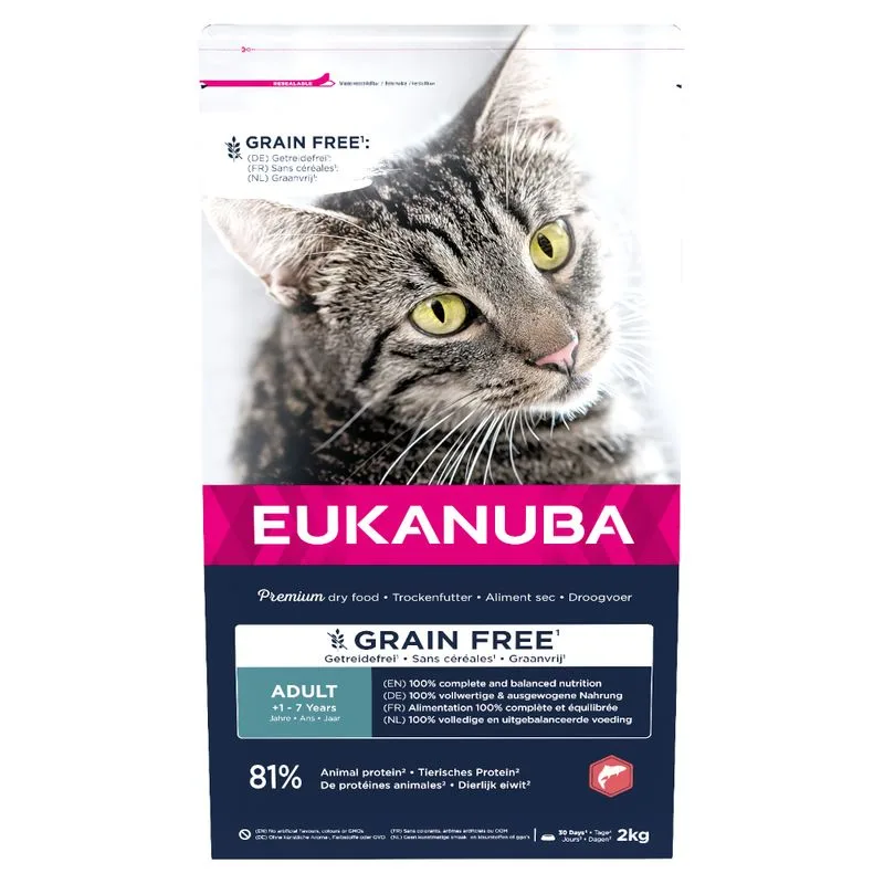 Eukanuba Adult Grain Free Salmone Crocchette per gatto (Set % 2 x 2 kg)