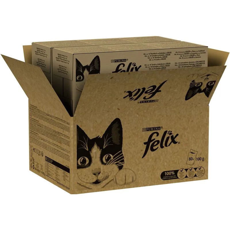 Felix Classic in buste 80 x 85 g Pacco misto umido per gatti (Mix di pesce: Tonno e Merluzzo, Gamberetti e Platessa, Tonno, Salmone)