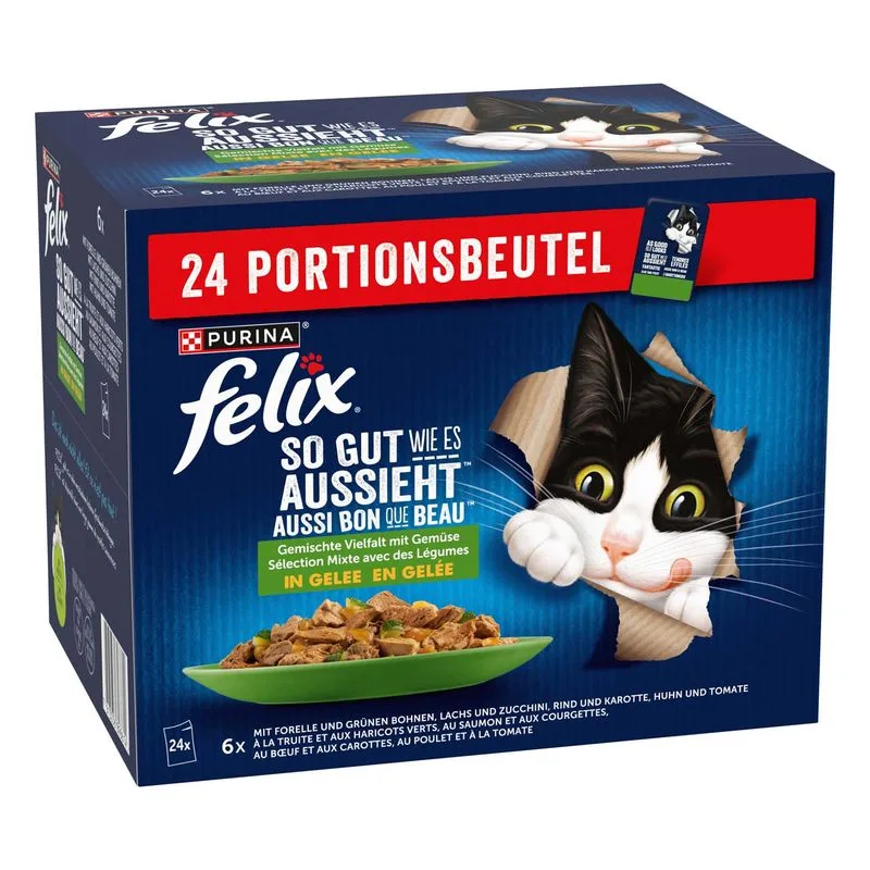 Felix Le Ghiottonerie in Gelatina 24 x 85 g (Varietà con verdure (Manzo e Carote, Pollo, Salmone, Trota))