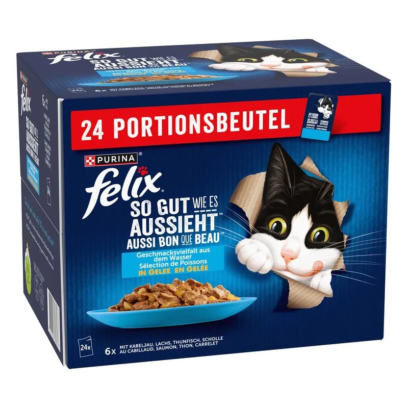 Felix Le Ghiottonerie in Gelatina 24 x 85 g (Varietà di pesce (Salmone, Platessa, Merluzzo, Tonno))