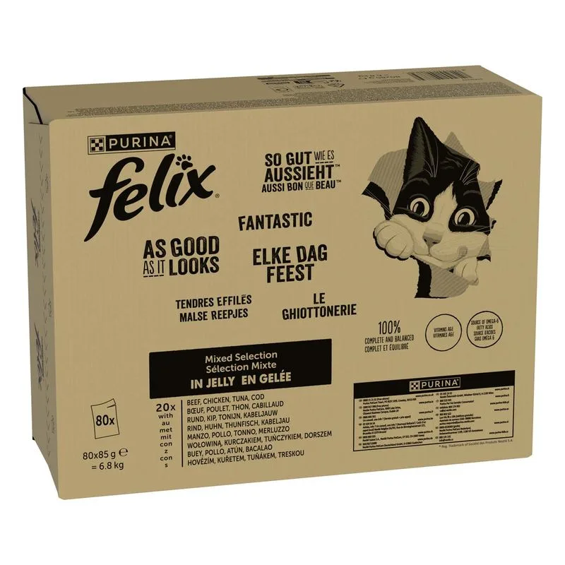 Felix Le Ghiottonerie in Gelatina 80 x 85 g (Mix Carne e Pesce: Manzo, Pollo, Tonno, Merluzzo)