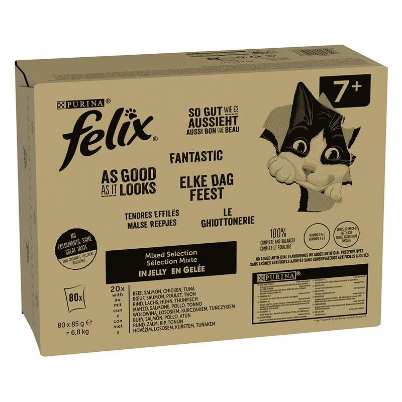 Felix Le Ghiottonerie in Gelatina 80 x 85 g (Mix Senior: Manzo, Salmone, Pollo, Tonno)