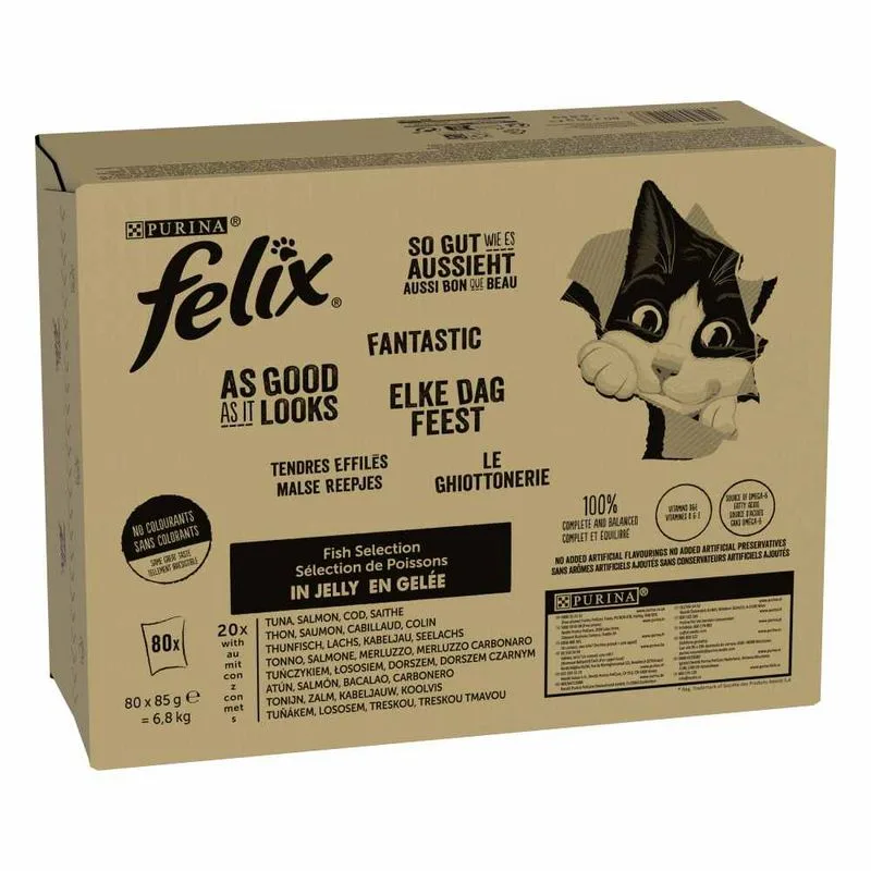 Felix Le Ghiottonerie in Gelatina 80 x 85 g (Varietà di pesce 1 (Tonno, Salmone, Merluzzo, Merluzzo carbonaro))