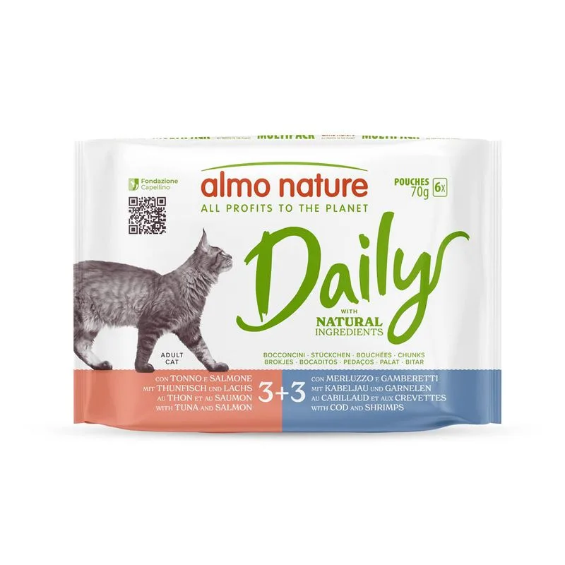 Almo Nature Daily 12 x 70 g Alimento umido per gatto (Mix 4: Tonno e Salmone, Merluzzo e Gamberetti)