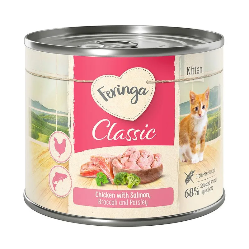 Feringa Classic Meat Menù Kitten 6 x 200 g (Salmone & Pollo con Broccoli e Prezzemolo)
