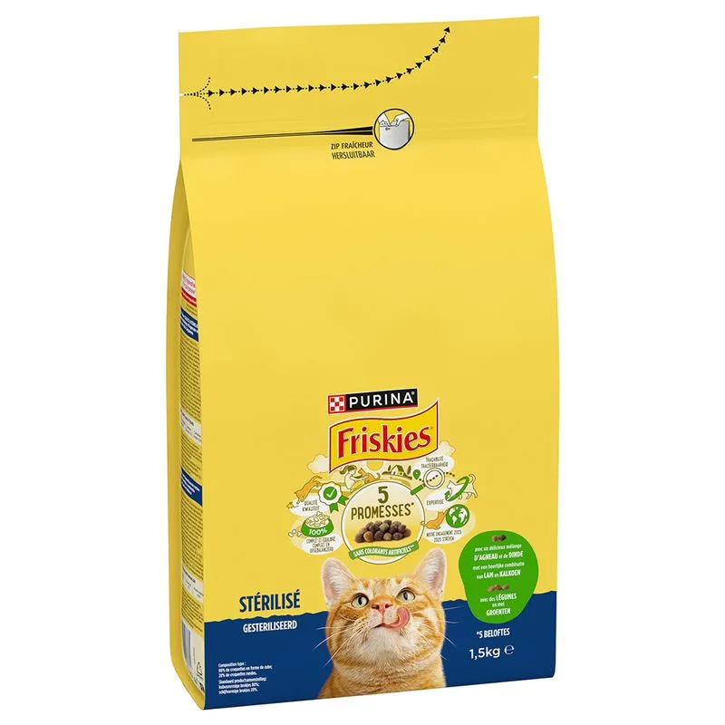 PURINA Friskies Sterilizzati Agnello e Pollo con Verdure Crocchette gatto (Set %: 3 x 1,5 kg)