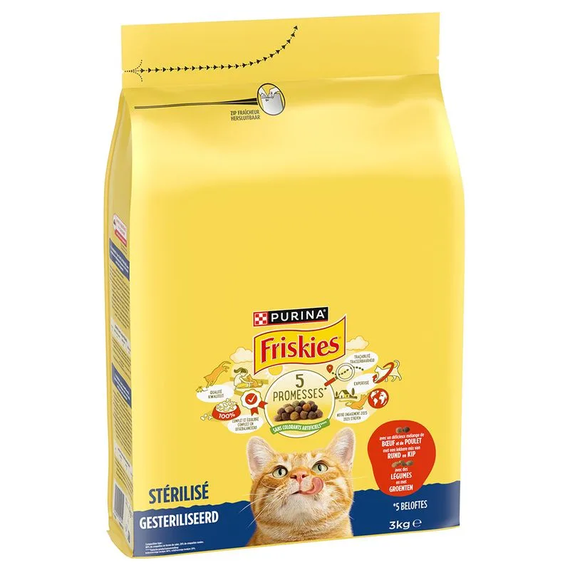 PURINA Friskies Sterilizzati Manzo e Pollo con Verdure Crocchette per gatto (Set %: 3 x 3 kg)