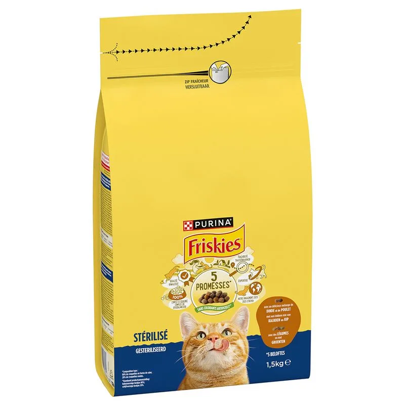 PURINA Friskies Sterilizzati Pollo e Tacchino con Verdure Crocchette gatto (Set %: 3 x 1,5 kg)