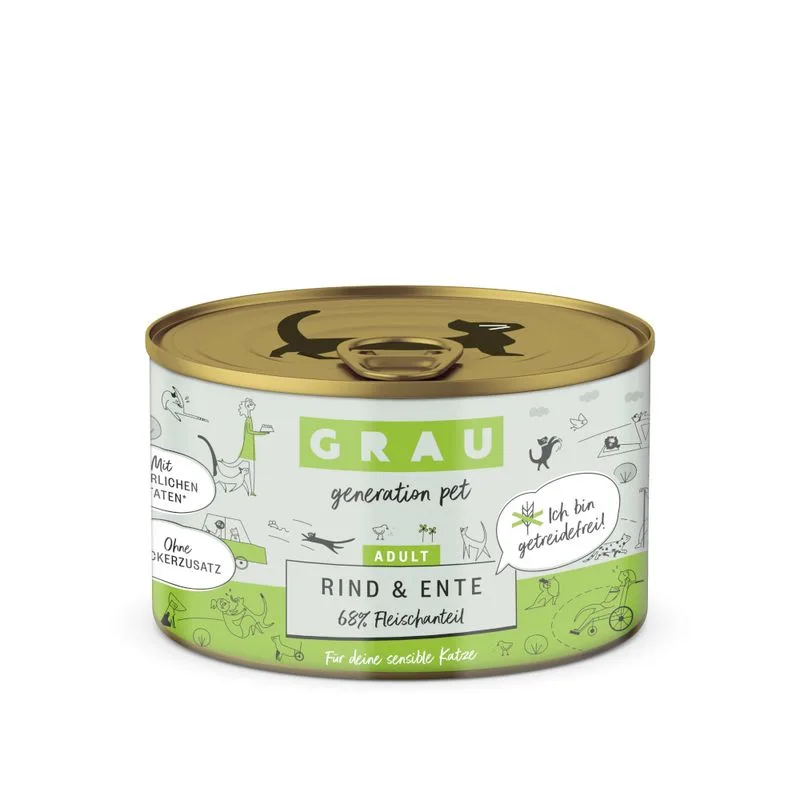 GRAU Adult Senza Cereali 24 x 200 g Alimento umido per gatti (Manzo & Anatra)