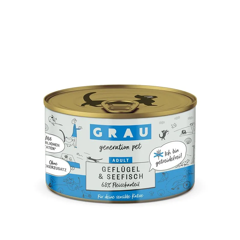 GRAU Adult Senza Cereali 24 x 200 g Alimento umido per gatti (Pollame & Pesce di mare)