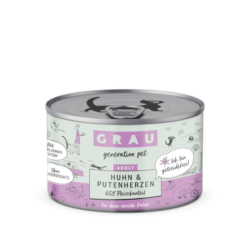 GRAU Adult Senza Cereali 24 x 200 g Alimento umido per gatti (Pollo & Cuori di Tacchino)