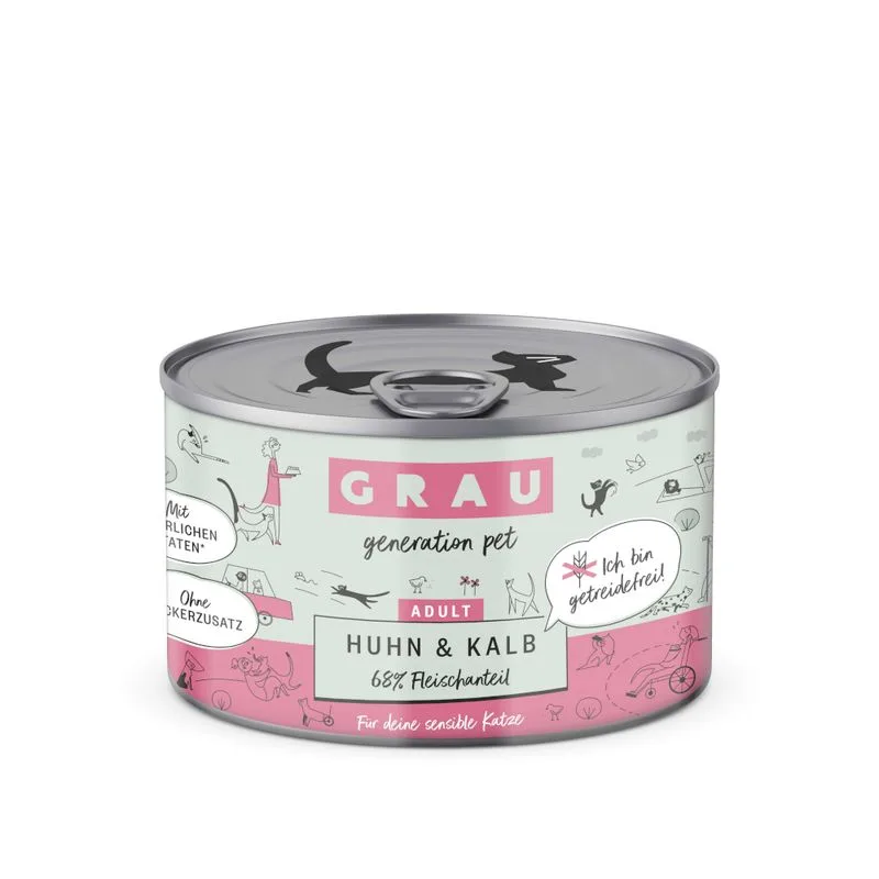 GRAU Adult Senza Cereali 24 x 200 g Alimento umido per gatti (Pollo & Vitello)