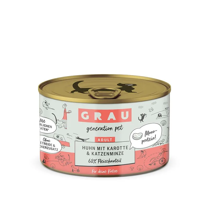 GRAU Adult Senza Cereali 24 x 200 g Alimento umido per gatti (Pollo con Carote & Erba gatta)
