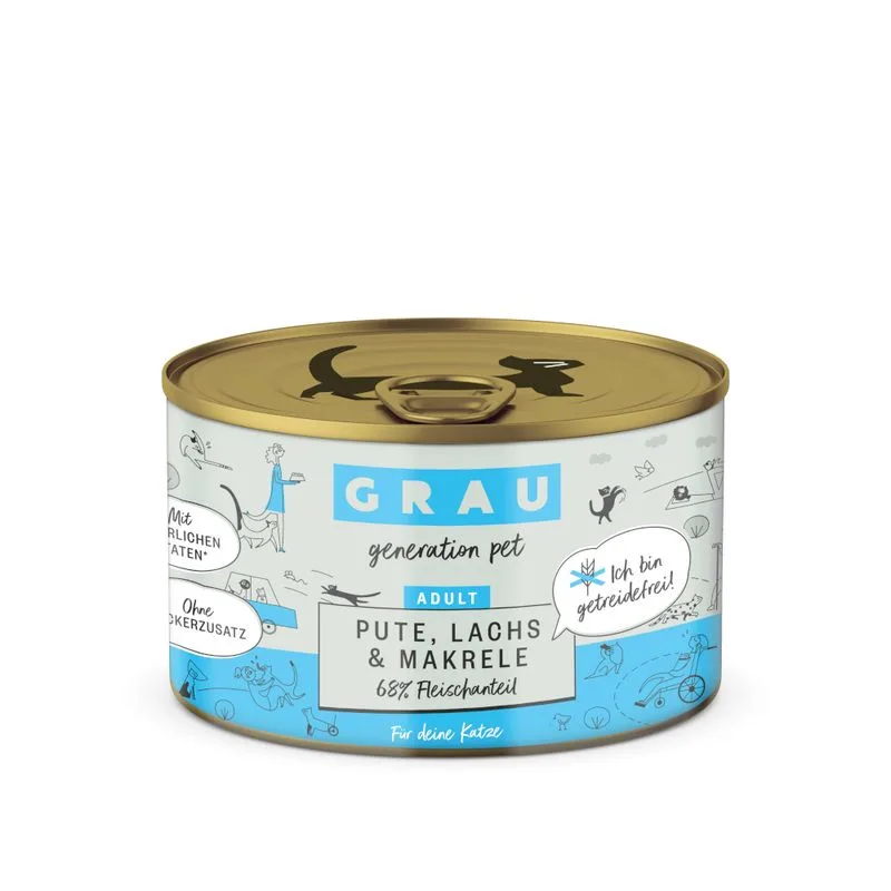 GRAU Adult Senza Cereali 24 x 200 g Alimento umido per gatti (Tacchino, Salmone & Sgombro)