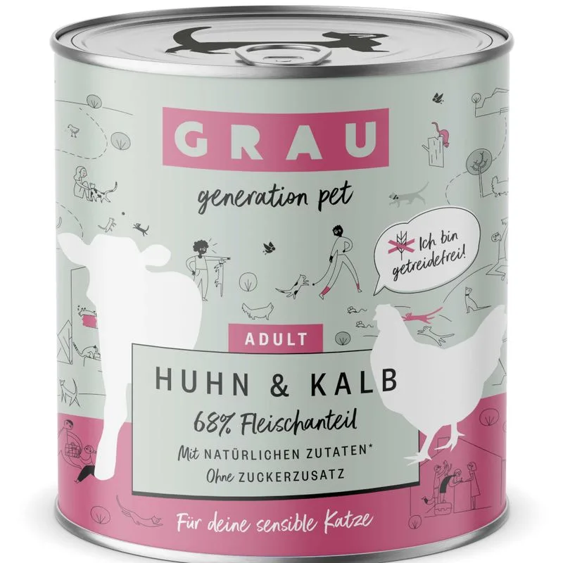 GRAU Grandi Golosi Senza Cereali 6 x 800 g umido per gatto (Pollo & Vitello)
