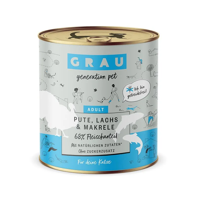 GRAU Grandi Golosi Senza Cereali 6 x 800 g umido per gatto (Tacchino, Salmone & Sgombro - NOVITÀ)