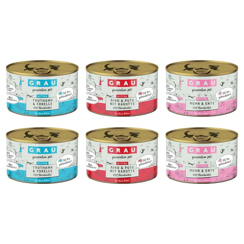 GRAU Kitten Pacco misto (24 x 200 g, Mix: Manzo, Tacchino e Carote + Tacchino e Trota + Pollo e Anatra)