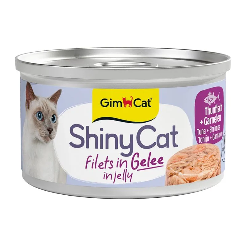 GimCat ShinyCat Filet Gelatina 24 x 70 g Alimento umido per gatto (Tonno & Gamberetti)