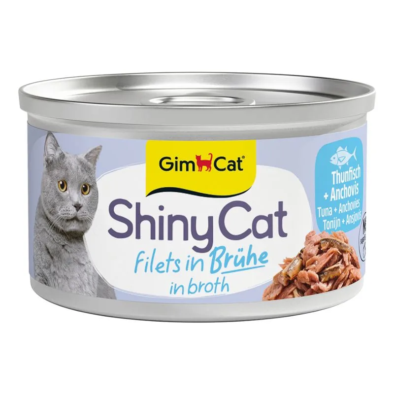 GimCat ShinyCat Filetto in Brodo 24 x 70 g Alimento umido per gatto (Tonno & Acciughe)