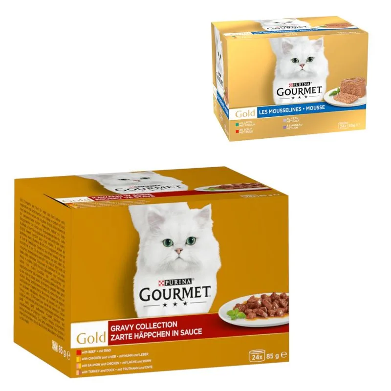 96 x 85 g Gourmet Gold + 24 x 85 g Gourmet Gold Mousse e Paté Umido per gatto gratis! (Dadini in Salsa: Manzo, Pollo & Fegato, Salmone & Pollo, Tacchino & Anatra)